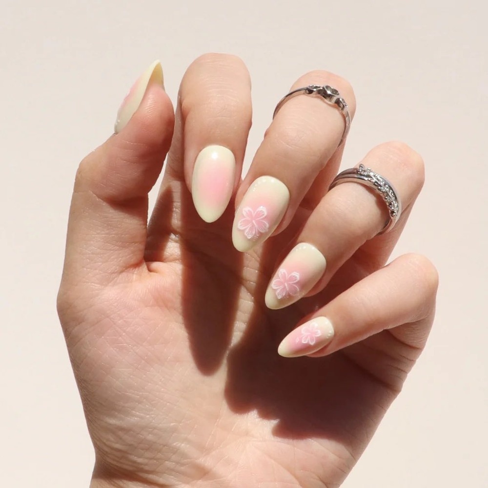 Nail Reformation 32pc Press‎ On Nails Almond Pink Yellow Aura Hibiscus Flower